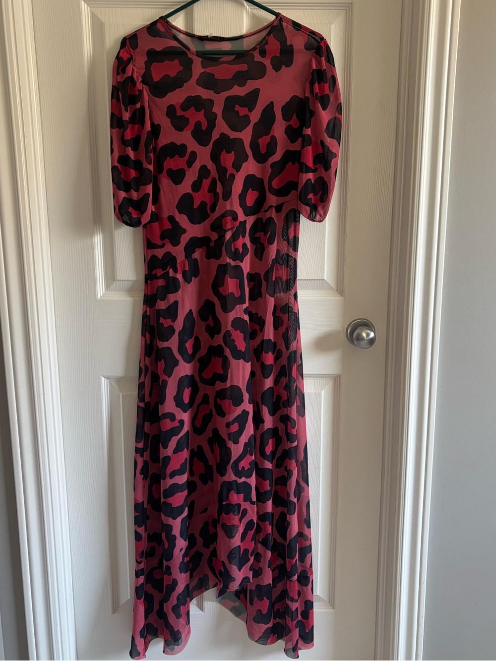 Pink Leopard-Print Sheer Dress with Puff Sleeves